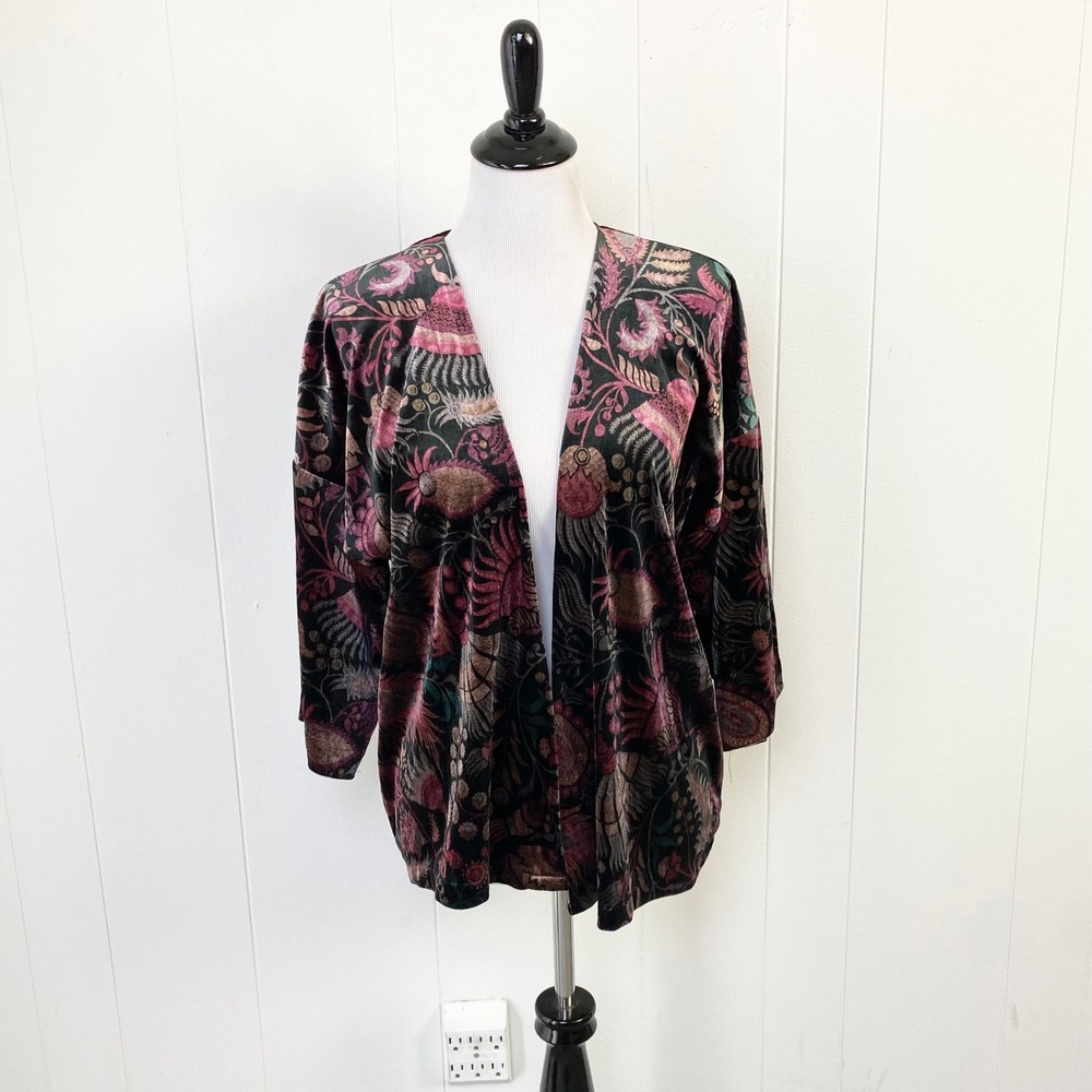 LOFT One Size Velvet Floral Paisley Open Front Kimono Jacket Black Pink Purple